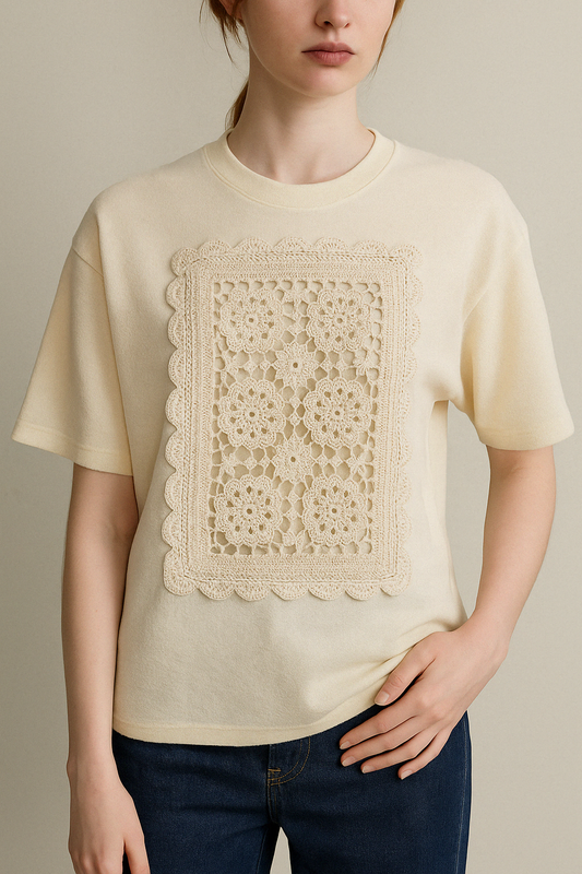 Cream Terry Tee with Crochet Panel - GREENIES