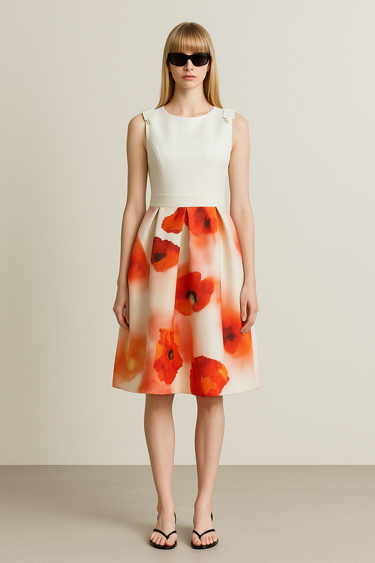 Ivory Poppy Pleated Midi Dress - GREENIES