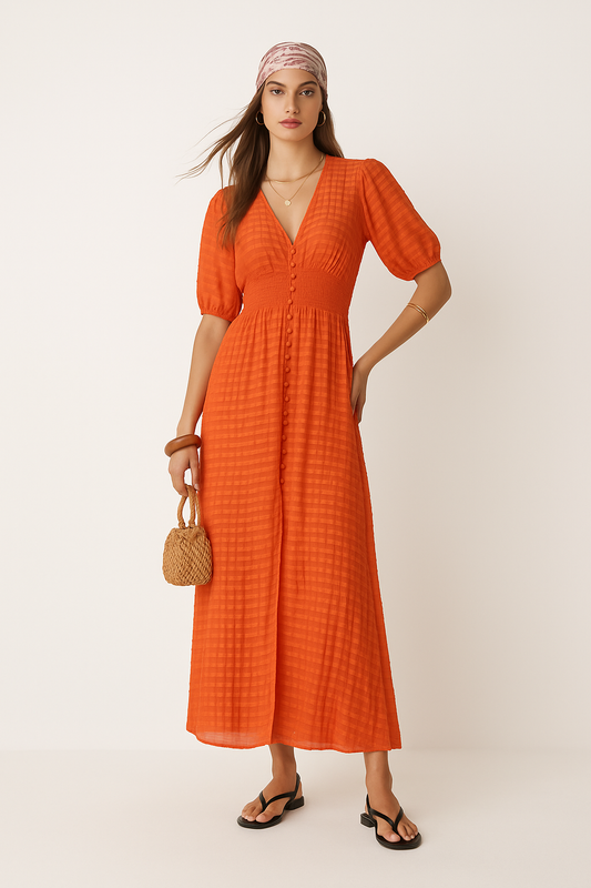 Orange Textured Smocked Waist Dress - GREENIES