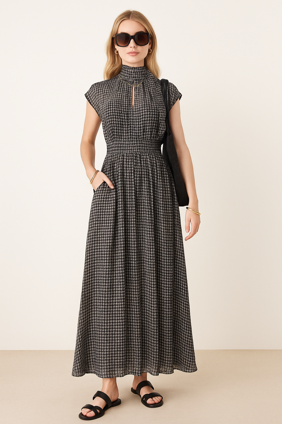 Black Houndstooth Halter Maxi Dress - GREENIES