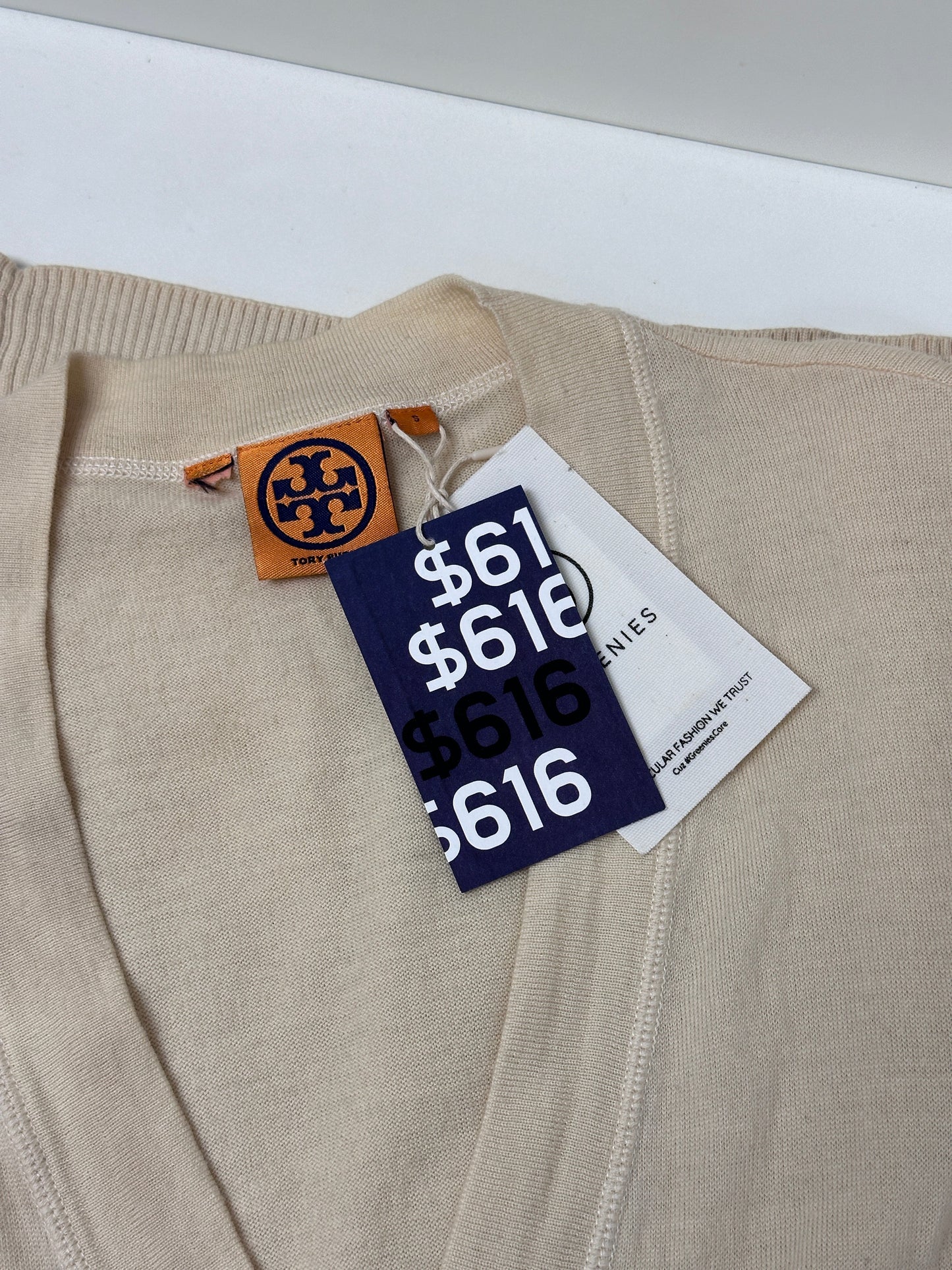 Gold Logo Buttoned Cardigan in Light Beige - GREENIES