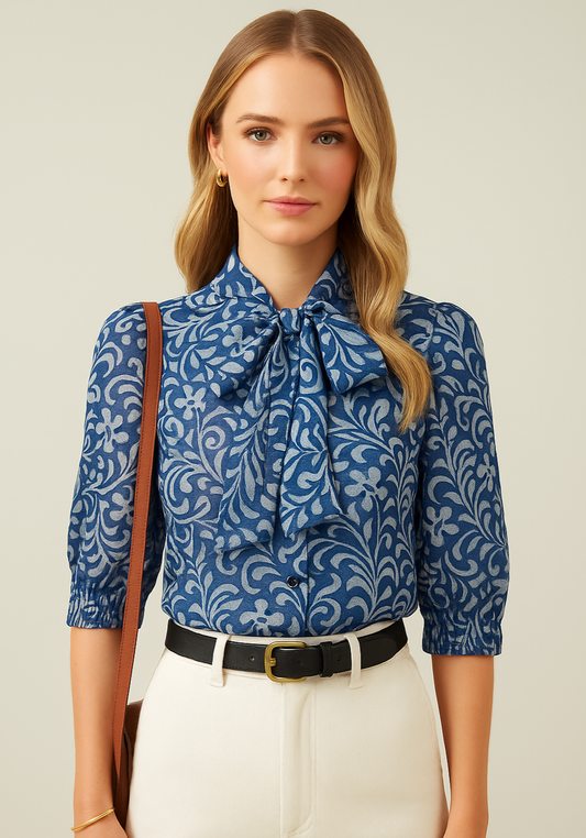 Blue Floral Burnout Tie Neck Blouse - GREENIES