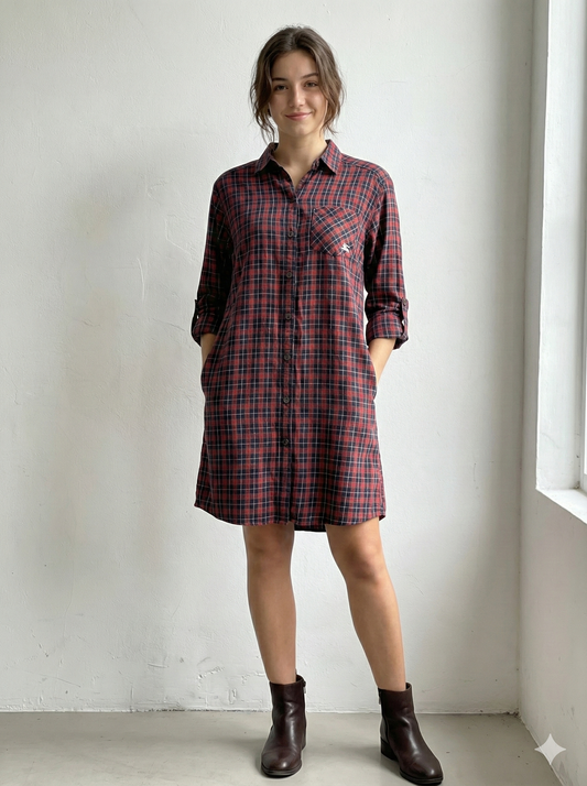 Red Navy Check Long Shirt Dress