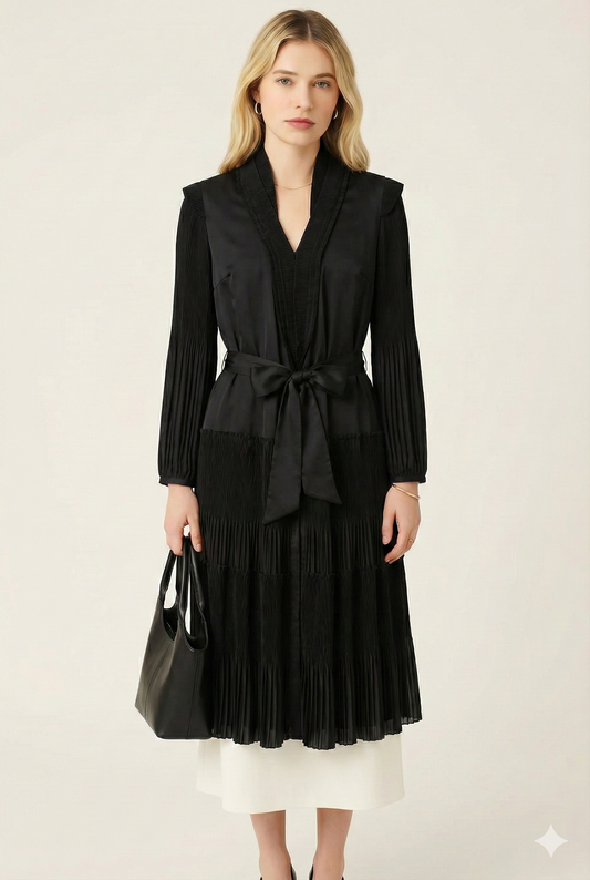Black Pleated Tie-Waist Dress