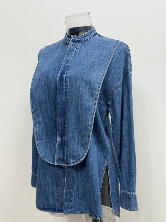 Mandarin Collar Denim Blouse - GREENIES