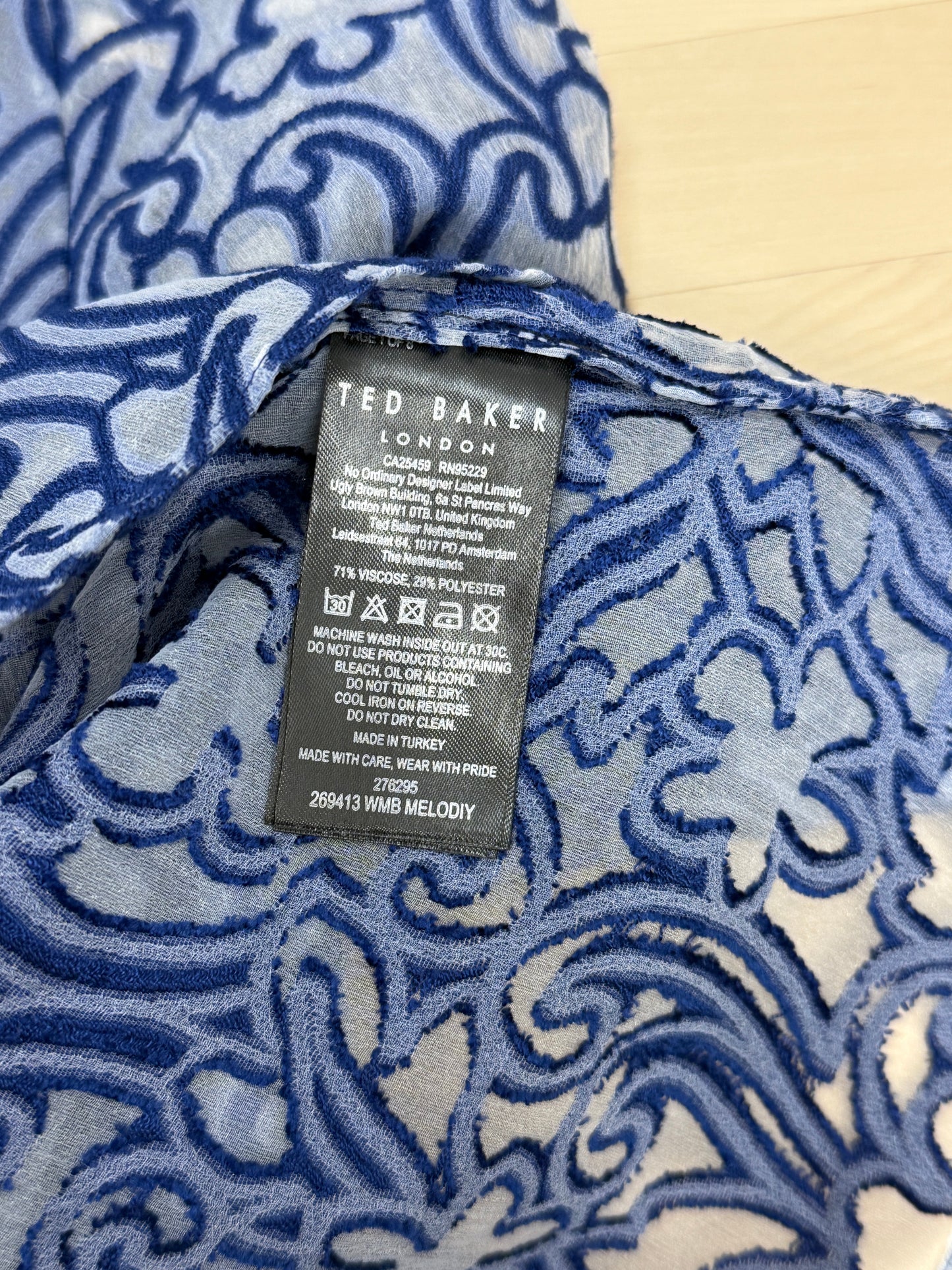 Blue Floral Burnout Tie Neck Blouse - GREENIES