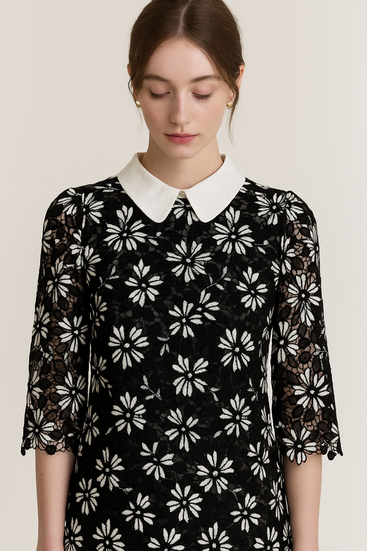 Black Lace Floral Collar Dress - GREENIES