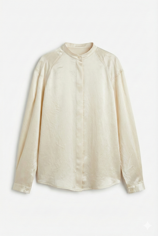 Beige Satin Stand Collar Blouse