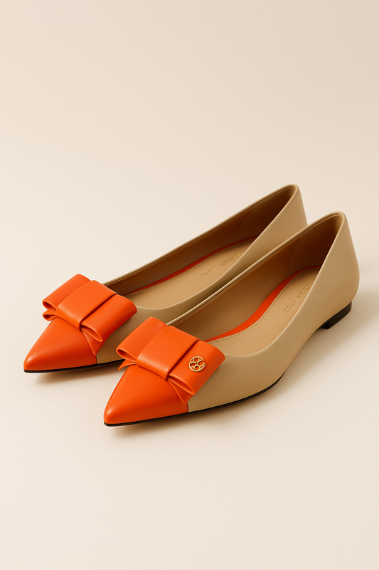 Beige Orange Bow Pointed Flats - GREENIES