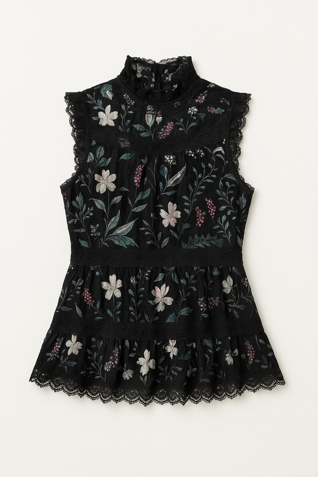 Black Floral Lace Ruffle Top - GREENIES