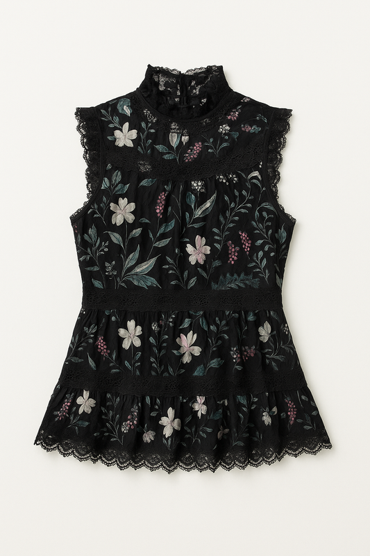 Black Floral Lace Ruffle Top - GREENIES