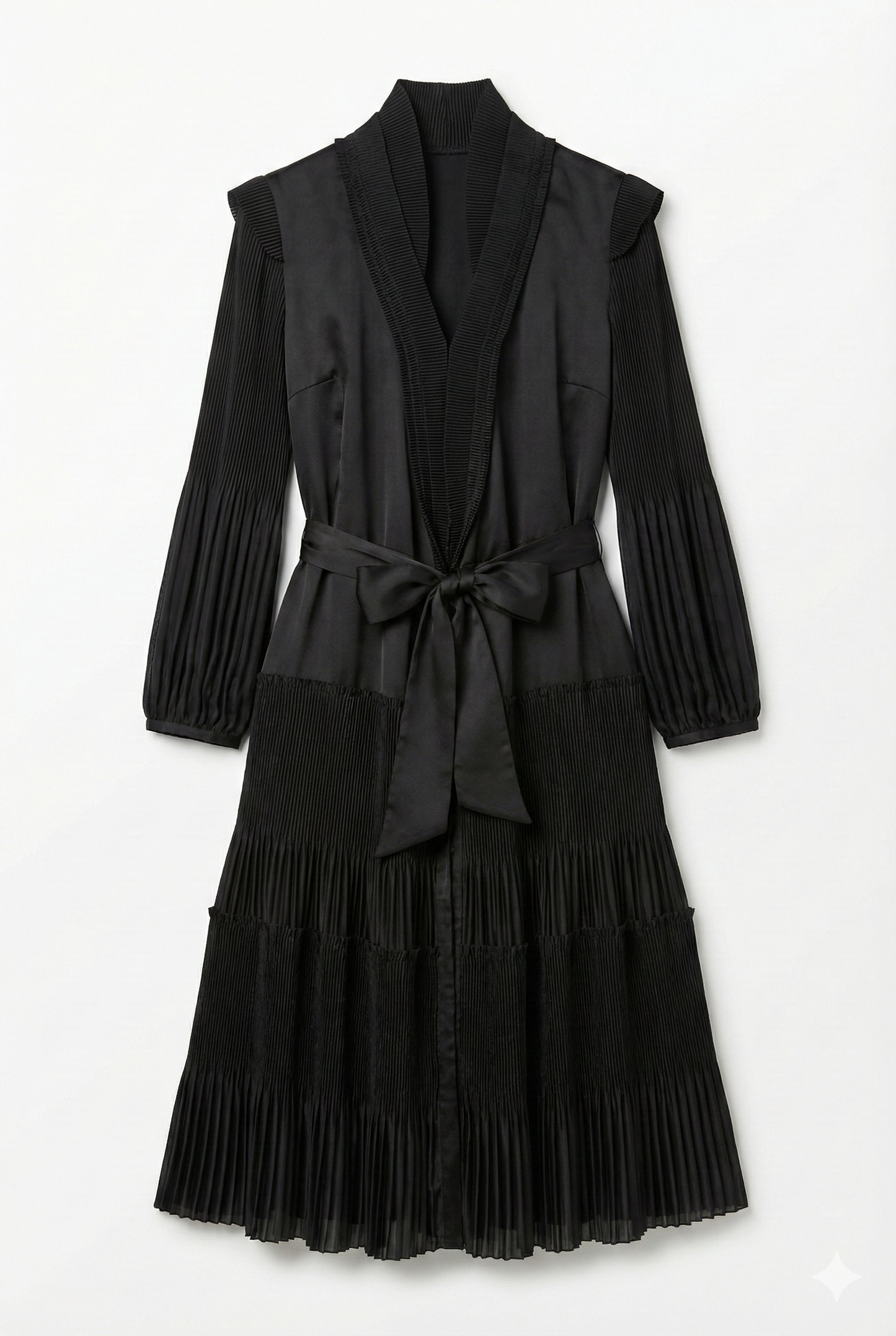 Black Pleated Tie-Waist Dress