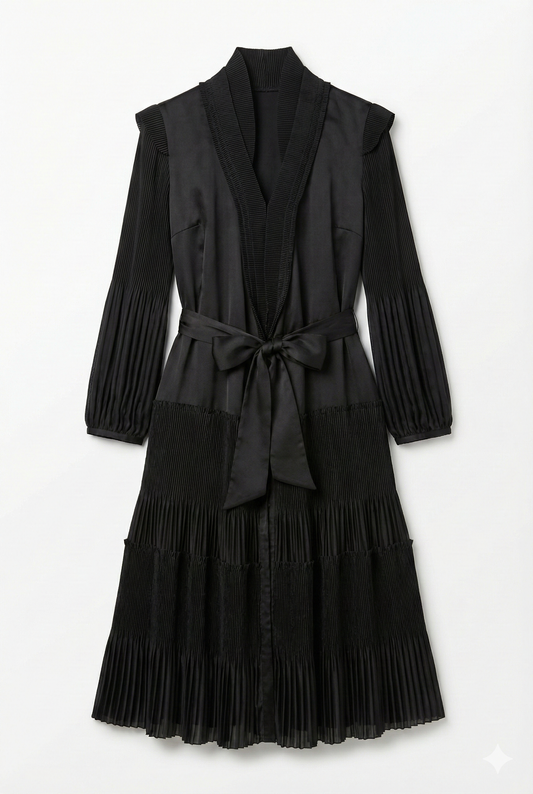 Black Pleated Tie-Waist Dress