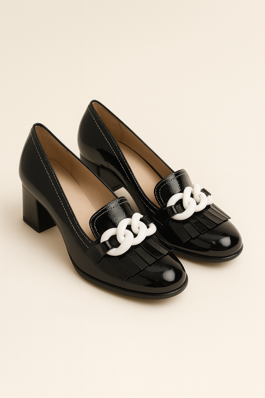 Black Chain Accent Block Heels - GREENIES