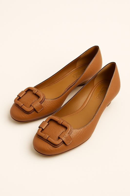 Brown Buckle Detail Leather Flats - GREENIES
