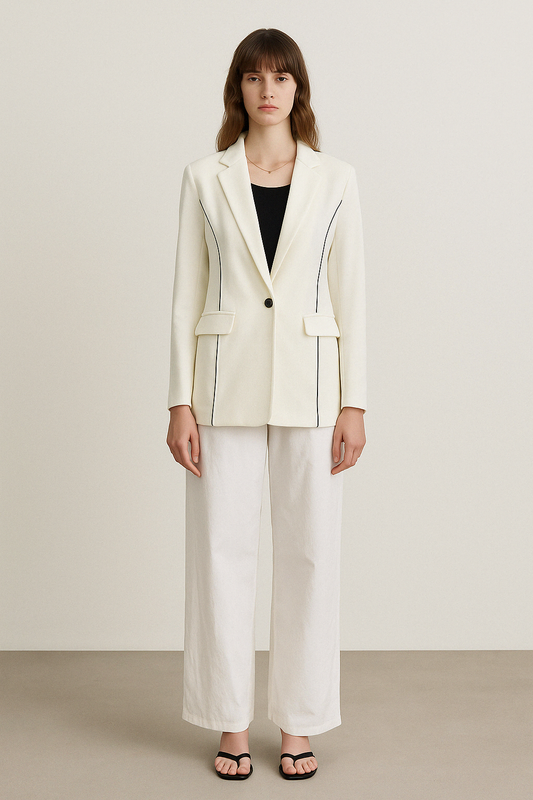 Single‑Button Ivory Knit Blazer with Black Piping - GREENIES