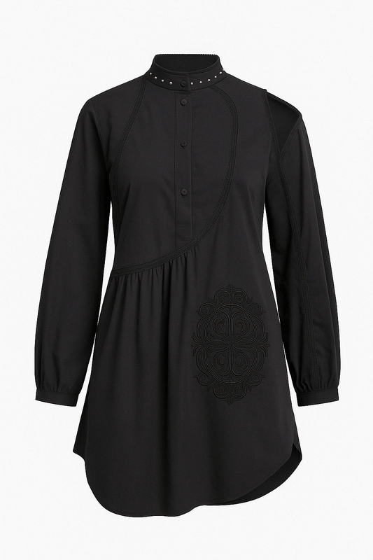 Black Asymmetrical Cutout Dress with Embroidered Detail - GREENIES