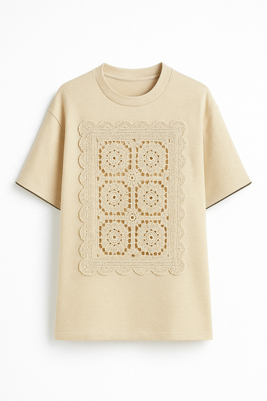 Cream Terry Tee with Crochet Panel - GREENIES