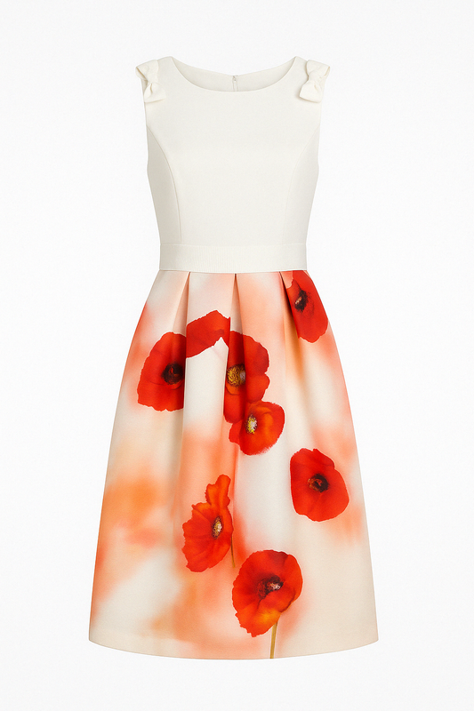Ivory Poppy Pleated Midi Dress - GREENIES