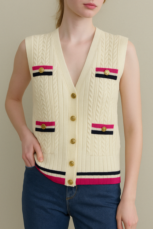 Ivory Cable‑Knit Tricolor Vest - GREENIES