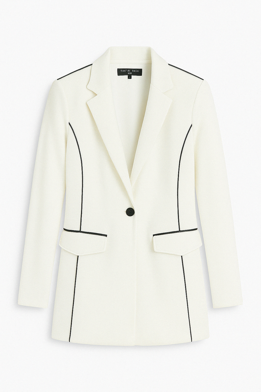 Single‑Button Ivory Knit Blazer with Black Piping - GREENIES