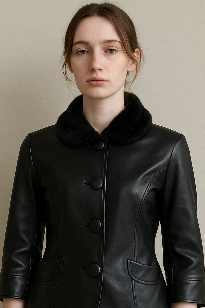 Black Lamb‑Leather Jacket with Plush Fur Collar - GREENIES