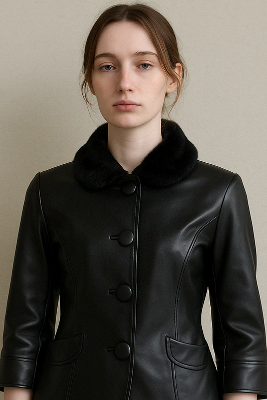 Black Lamb‑Leather Jacket with Plush Fur Collar - GREENIES