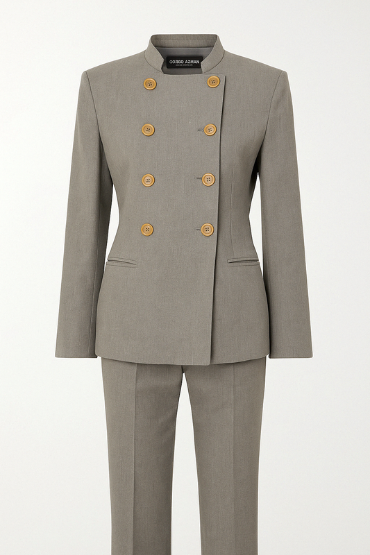 Tailored Mandarin‑Collar Gray Double‑Breasted Suit - GREENIES