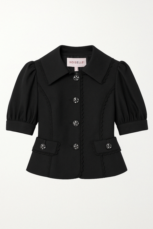 Black Short-Sleeve Tailored Jacket with Decorative Buttons - GREENIES