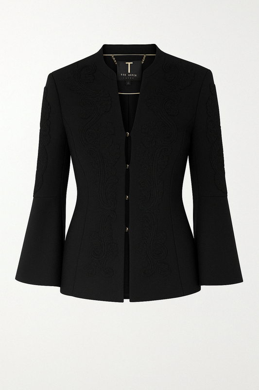 Black Baroque‑Appliqué Flared‑Sleeve Jacket - GREENIES