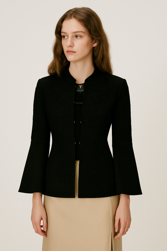 Black Baroque‑Appliqué Flared‑Sleeve Jacket - GREENIES