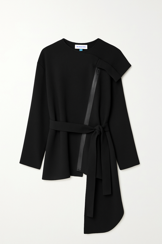 Black Asymmetric Wool Belted Tunic with Rubber‑Zip Detail - GREENIES