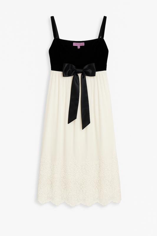 Velvet Embroidered Dress with Bow - GREENIES