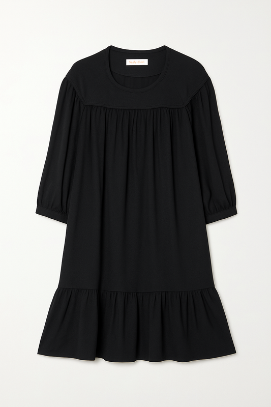 Ruffled Black Puff Sleeve Dress - GREENIES