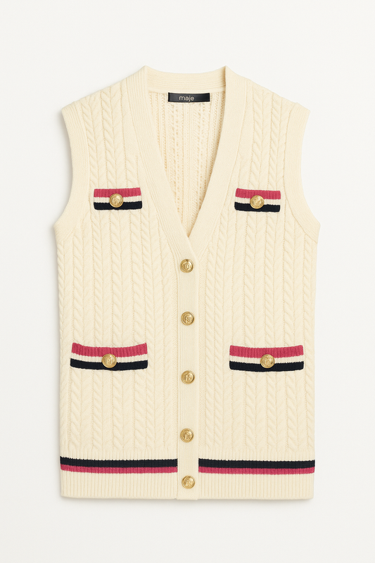 Ivory Cable‑Knit Tricolor Vest - GREENIES