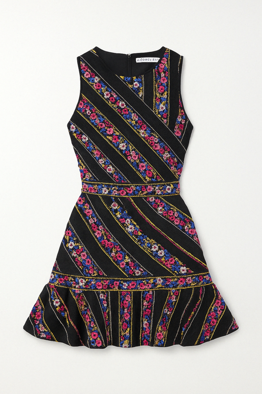 Embroidered Floral Stripe Fitted Dress - GREENIES
