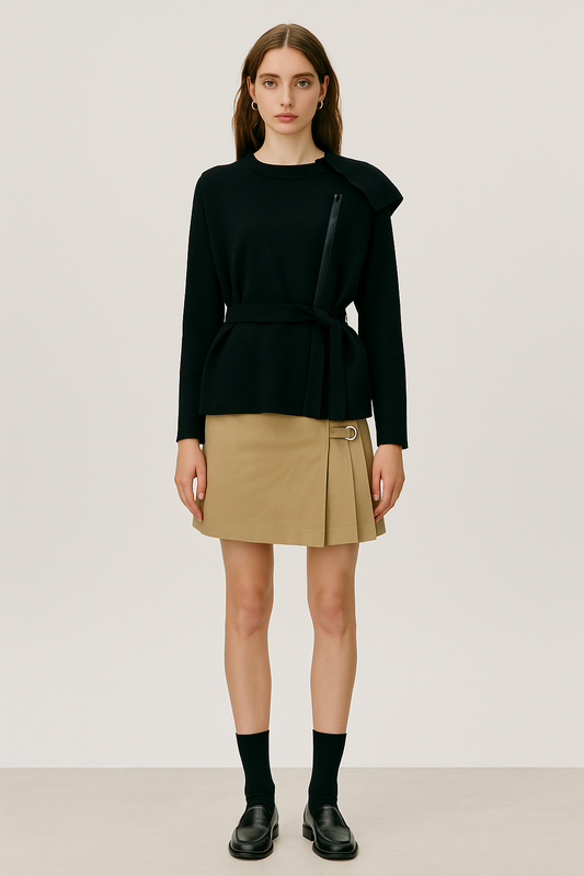 Black Asymmetric Wool Belted Tunic with Rubber‑Zip Detail - GREENIES