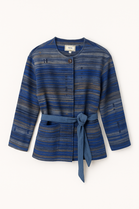 Blue Textured Stripe Belted Jacket - GREENIES