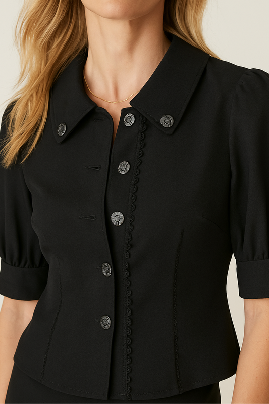 Black Short-Sleeve Tailored Jacket with Decorative Buttons - GREENIES