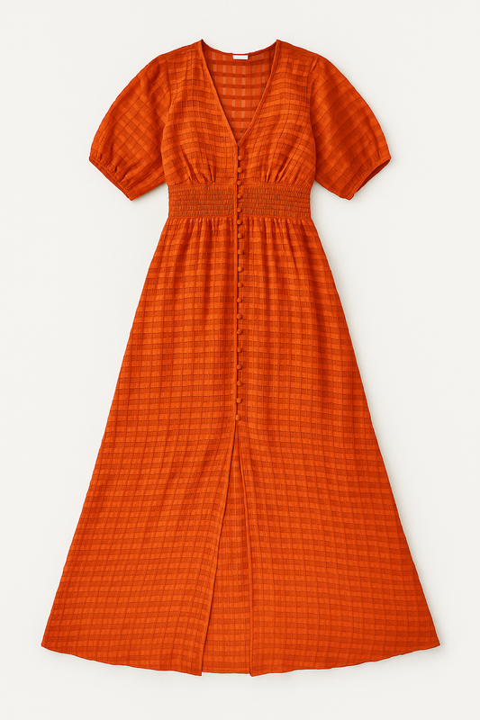 Orange Textured Smocked Waist Dress - GREENIES