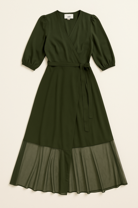 Green Midi Wrap Dress with Sheer Hem - GREENIES