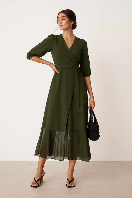 Green Midi Wrap Dress with Sheer Hem - GREENIES