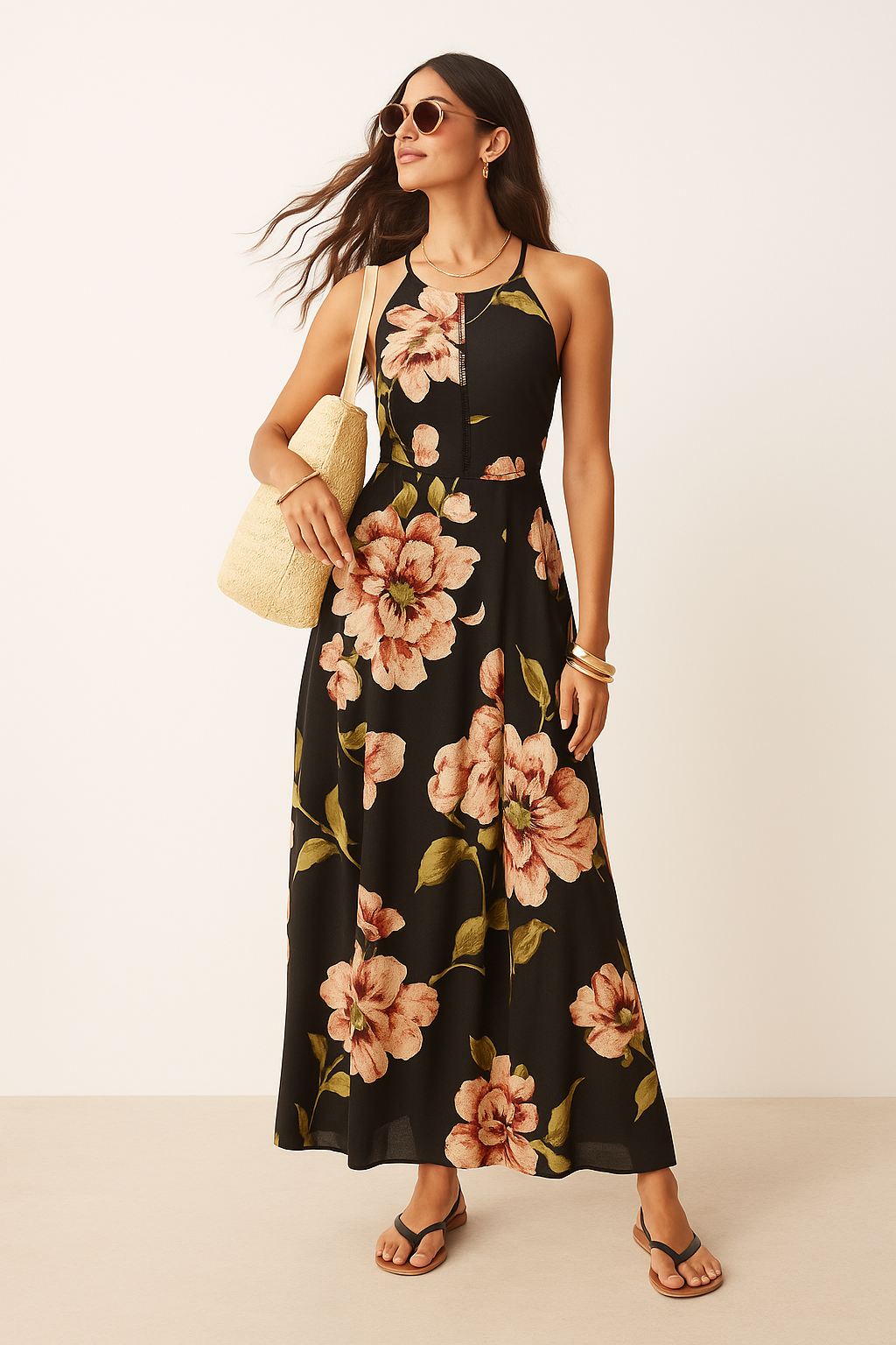 Black Floral Halter Neck One-Piece - GREENIES