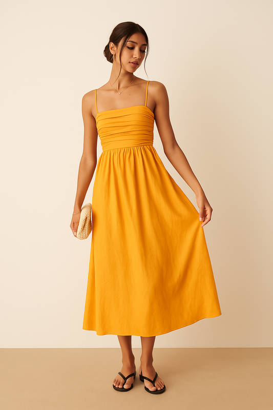 Orange Pleated Spaghetti Strap One-Piece - GREENIES