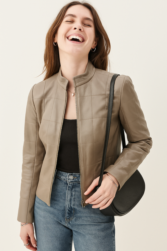 Gray Quilted Lamb Leather Woman Jacket - GREENIES