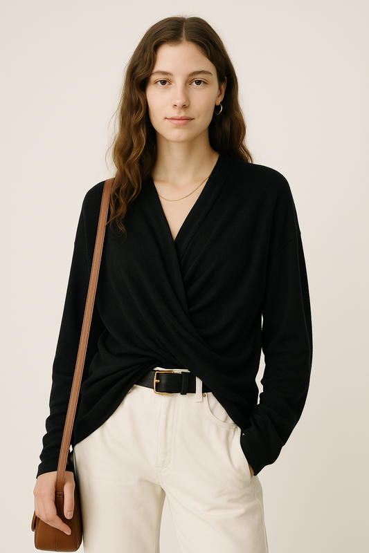 Black Draped Wool Wrap Top - GREENIES
