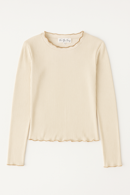 Ribbed Ruffle Edge Long Sleeve Top - GREENIES
