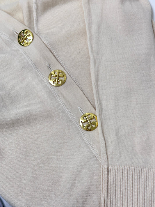 Gold Logo Buttoned Cardigan in Light Beige - GREENIES