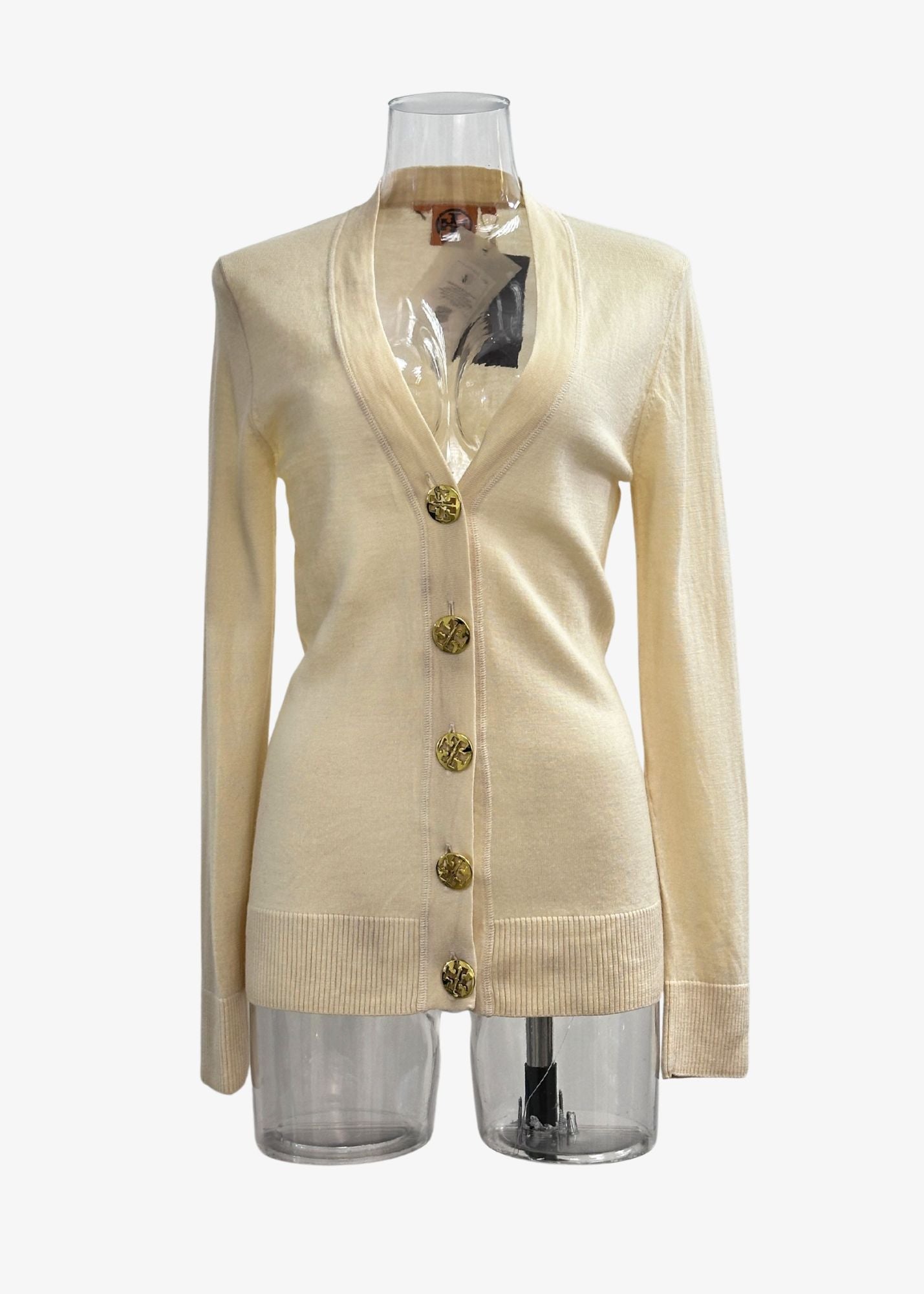 Gold Logo Buttoned Cardigan in Light Beige - GREENIES