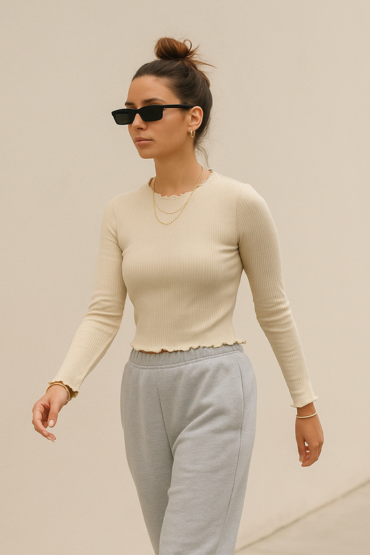 Ribbed Ruffle Edge Long Sleeve Top - GREENIES